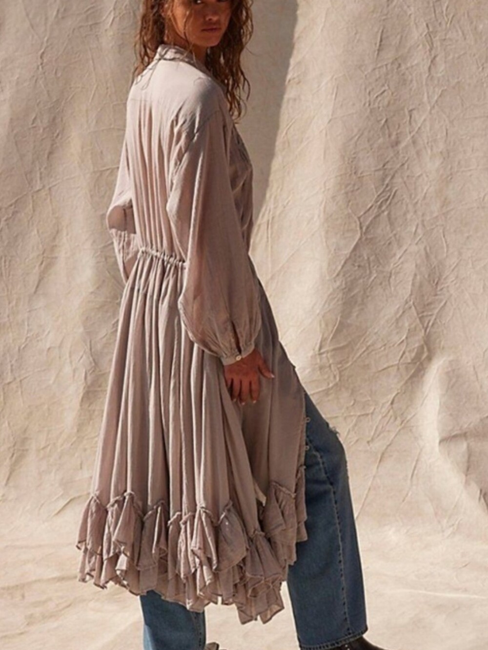 FREE PEOPLE NWT Long Sleeve Ruffled Midi Dress in Dusty Taupe